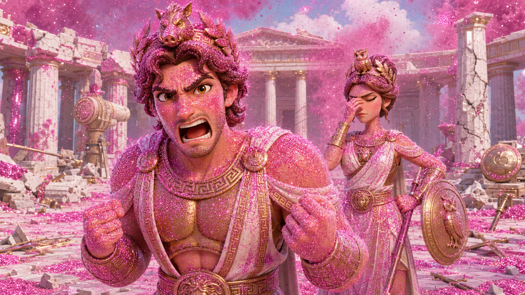 A furious glitter-covered Ares with an irritated glitter-covered Athena behind him