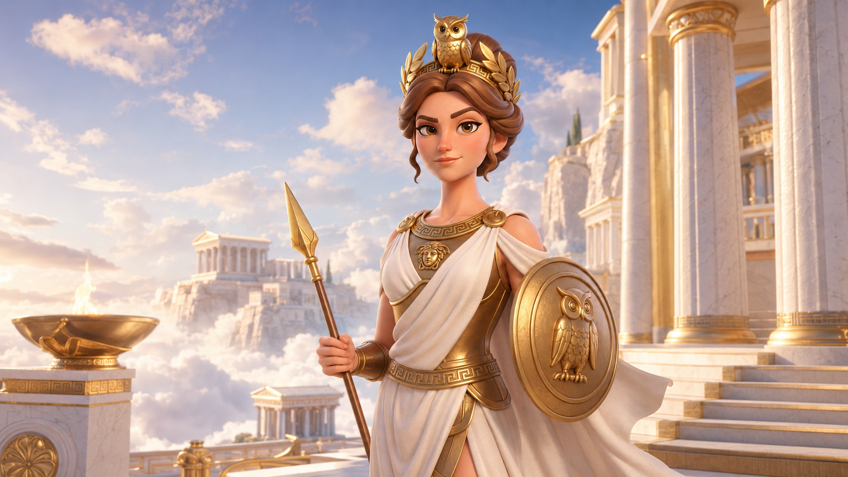 Athena looking fabulous in a pristine Mount Olympus setting