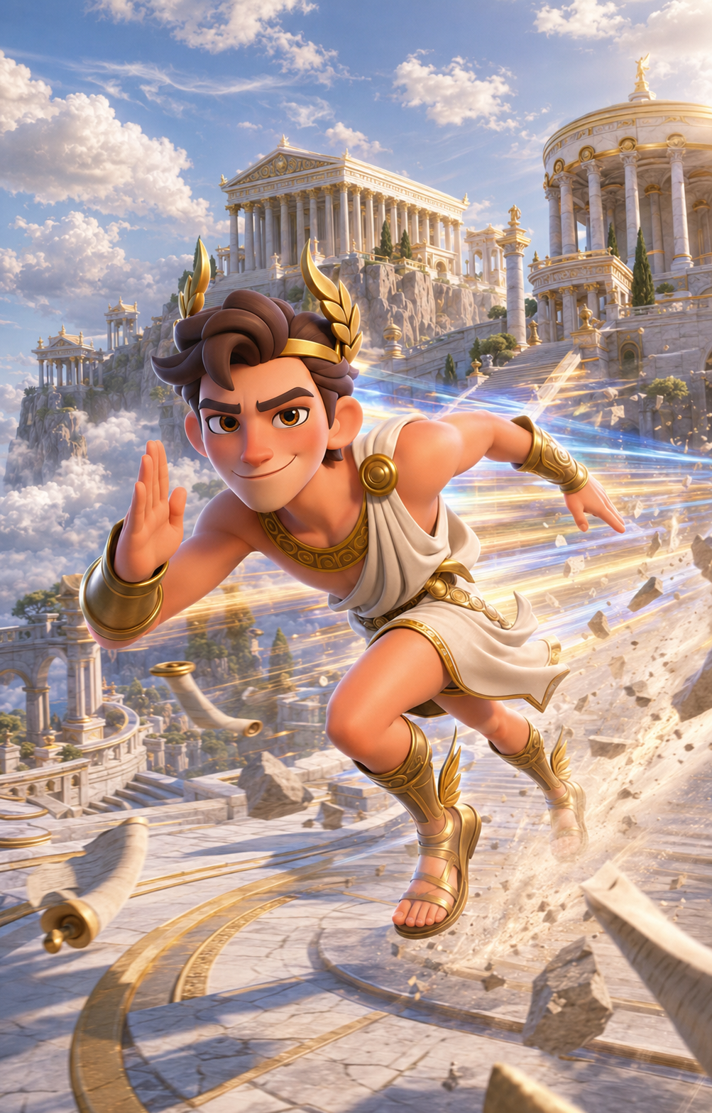 Hermes sprinting through Mount Olympus in a trail of blue and gold energy