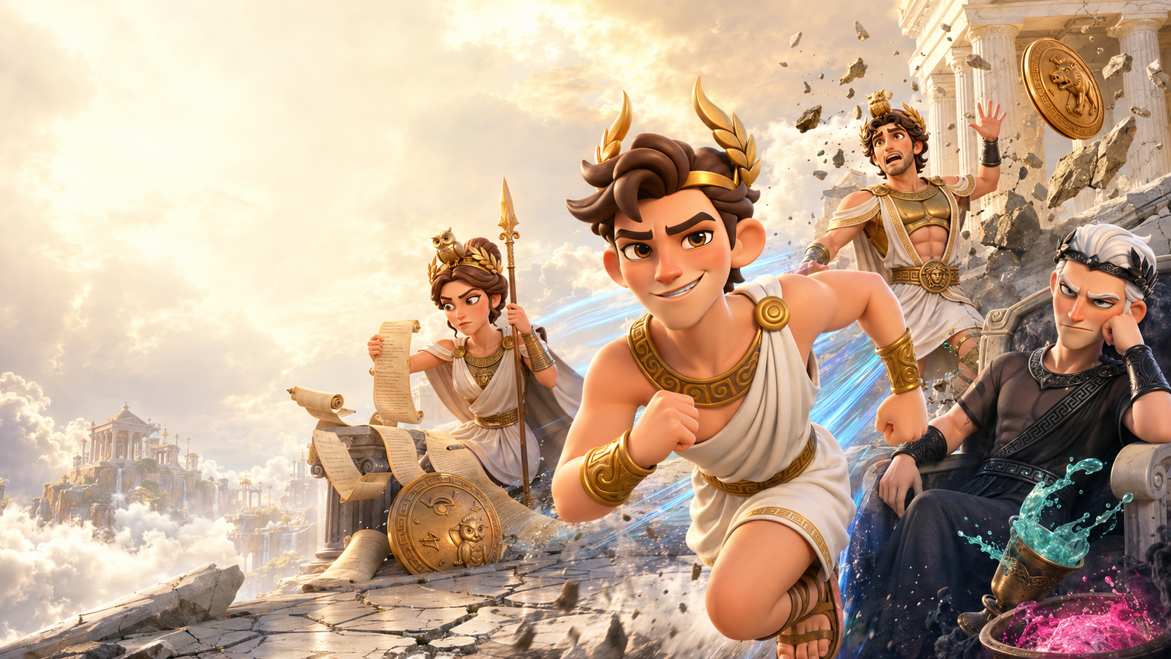 Hermes, Athena, Ares, and Hades caught in a spectacular Olympus disaster